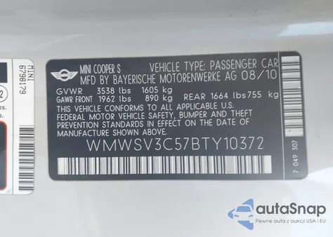 2011 Mini Cooper S z USA, uszkodzony, nr VIN WMWSV3C57BTY10372